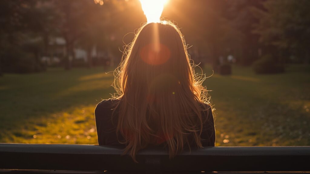 Woman sitting on bench watching sunset